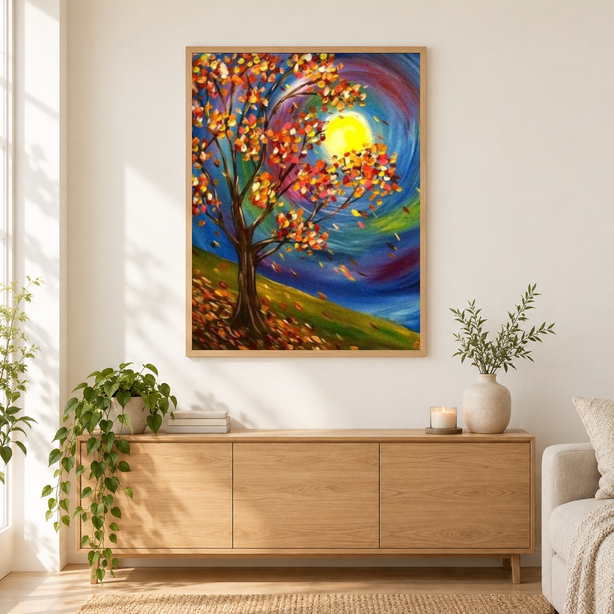 Herbstmond als gerahmtes Diamond Painting im Wohnzimmer