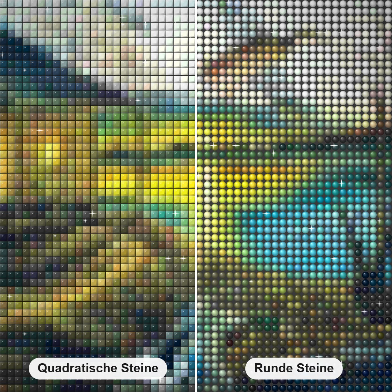 Herbstrückzug Diamond Painting Nahaufnahme mit quadratischen und runden Steinen