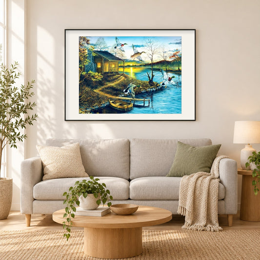 Herbstrückzug als gerahmtes Diamond Painting im Wohnzimmer