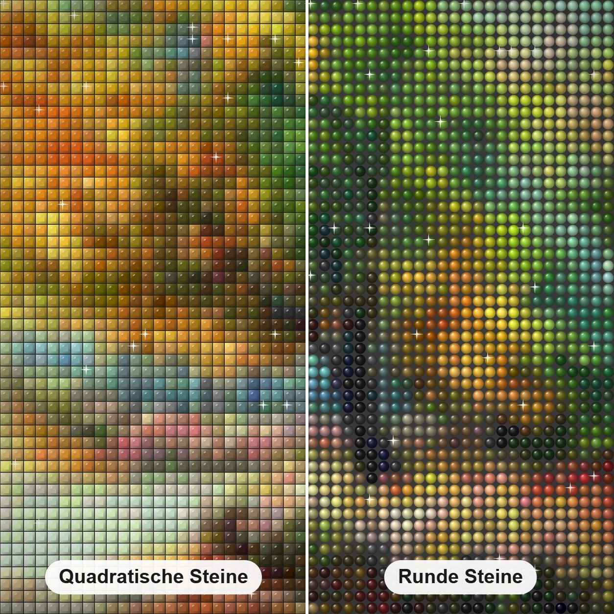 Herbstweg Diamond Painting Nahaufnahme mit quadratischen und runden Steinen