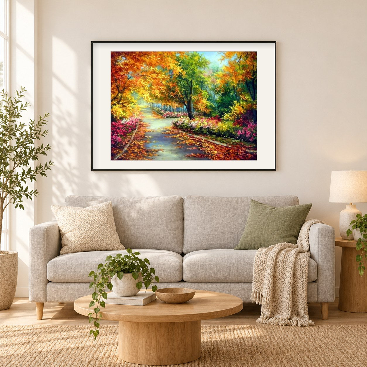 Herbstweg als gerahmtes Diamond Painting im Wohnzimmer