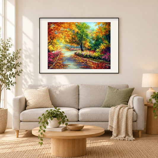 Herbstweg als gerahmtes Diamond Painting im Wohnzimmer