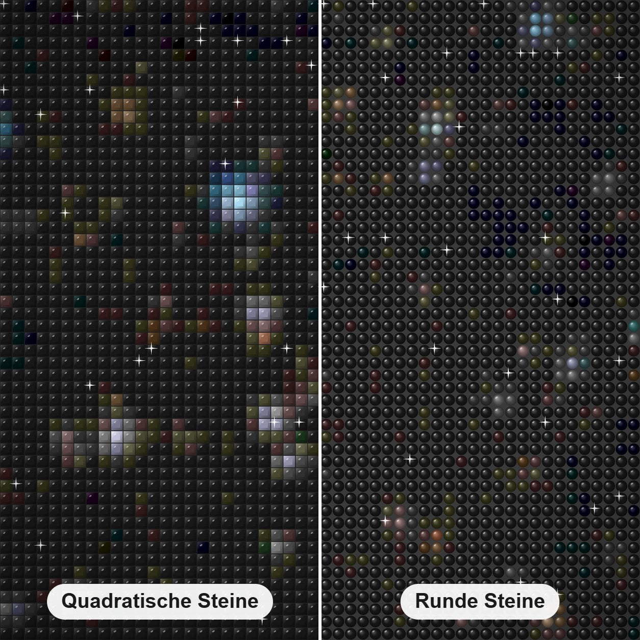 Herde kosmischer Enten Diamond Painting Nahaufnahme mit quadratischen und runden Steinen