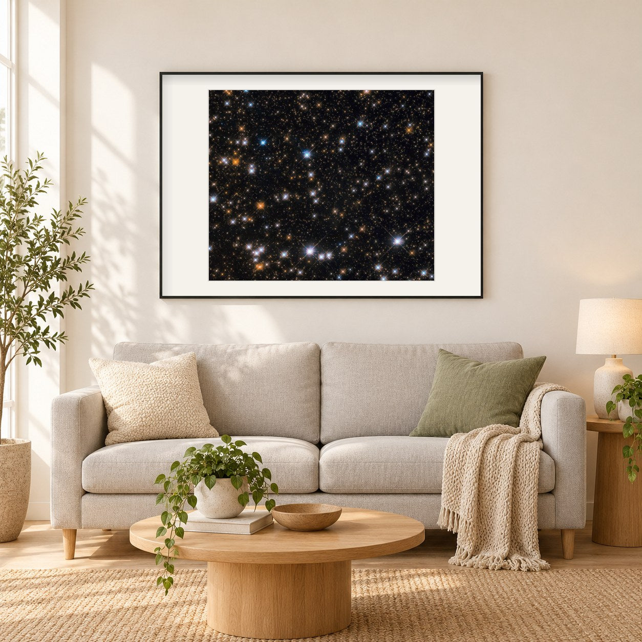 Herde kosmischer Enten als gerahmtes Diamond Painting im Wohnzimmer