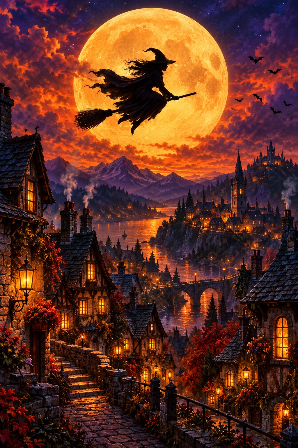 Hexe fliegt über das Dorf Diamond Painting