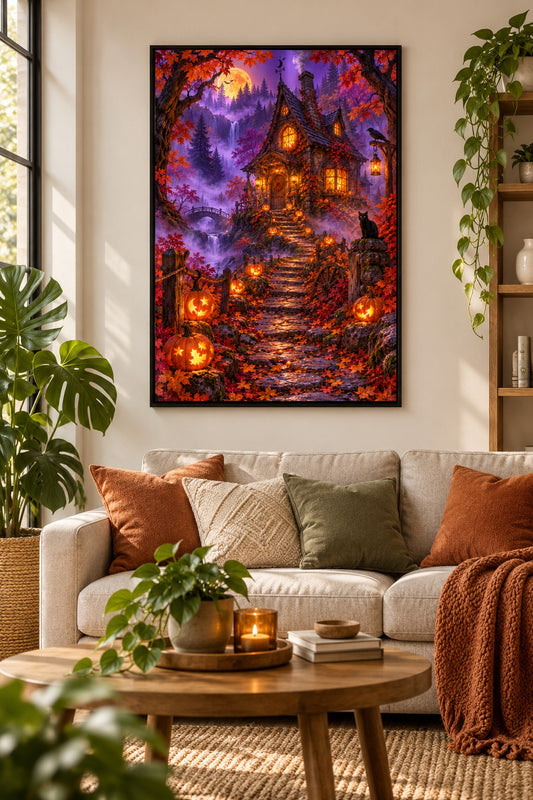 Hexenhaus im Nebelwald Diamond Painting als gerahmtes Diamond Painting im Wohnzimmer