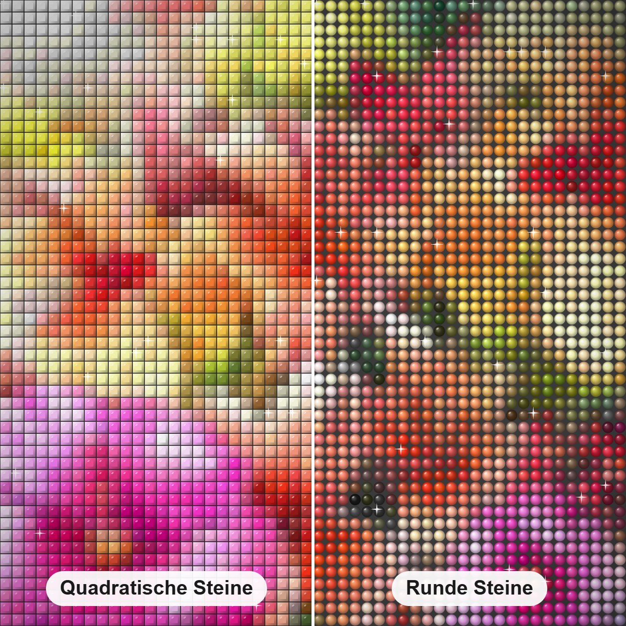 Hibiskus Rosemallows Diamond Painting Nahaufnahme mit quadratischen und runden Steinen