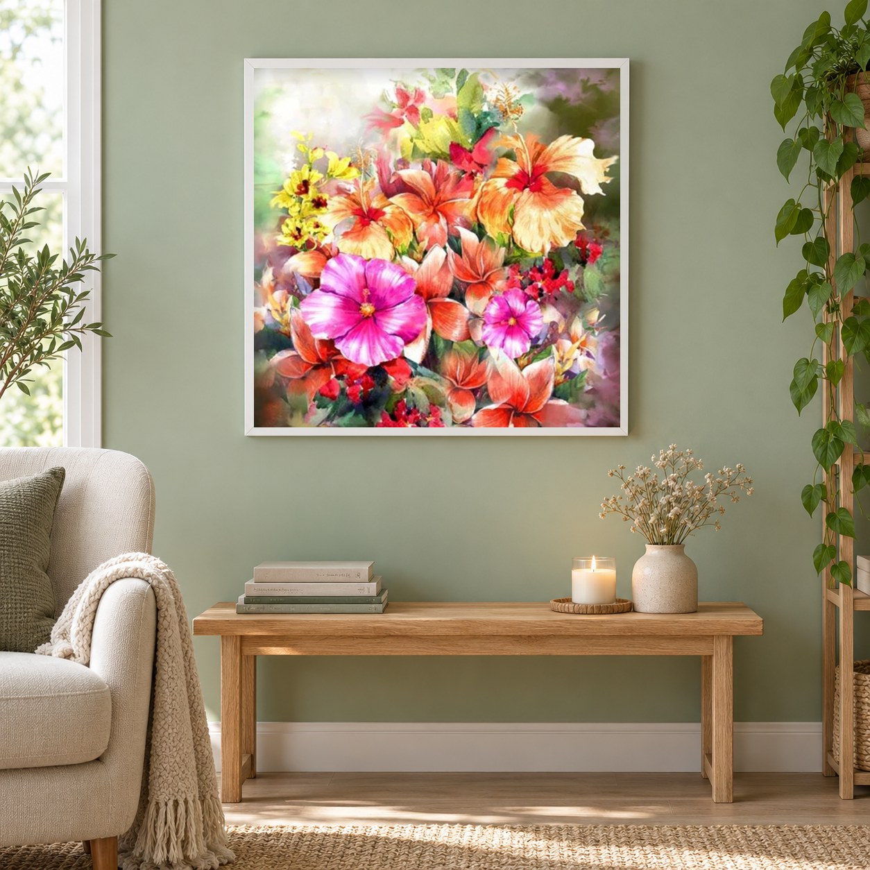 Hibiskus Rosemallows als gerahmtes Diamond Painting im Wohnzimmer