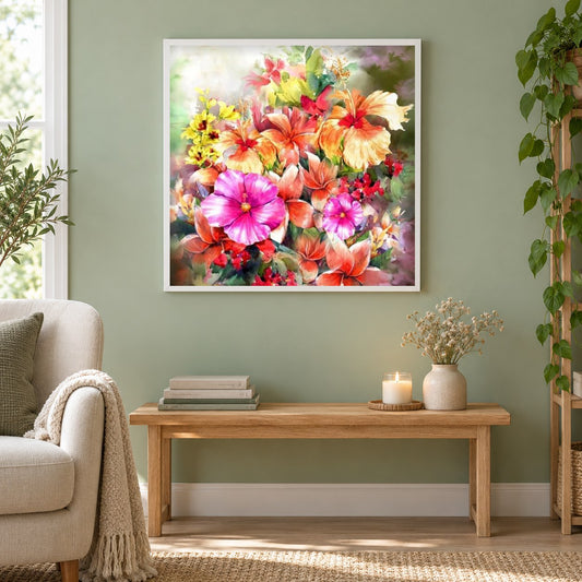 Hibiskus Rosemallows als gerahmtes Diamond Painting im Wohnzimmer