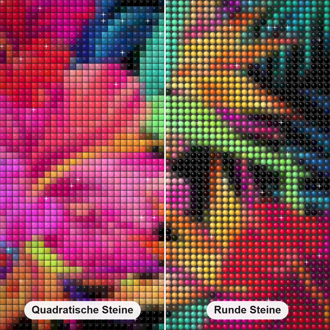 Hibiskusblüten Diamond Painting Nahaufnahme mit quadratischen und runden Steinen