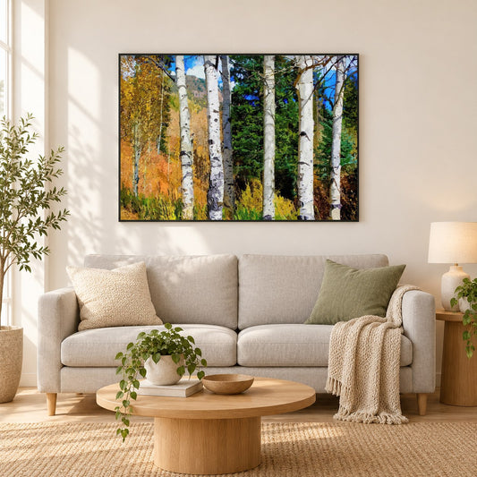 Hillside Aspen Grove - Kunst des Denise Dundon als gerahmtes Diamond Painting im Wohnzimmer