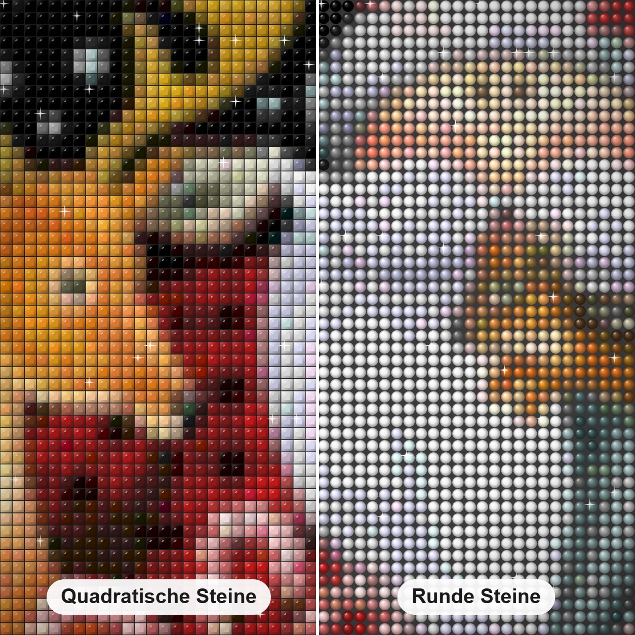 Hirsch & Weihnachtsmann Weihnachtskarte Diamond Painting Nahaufnahme mit quadratischen und runden Steinen