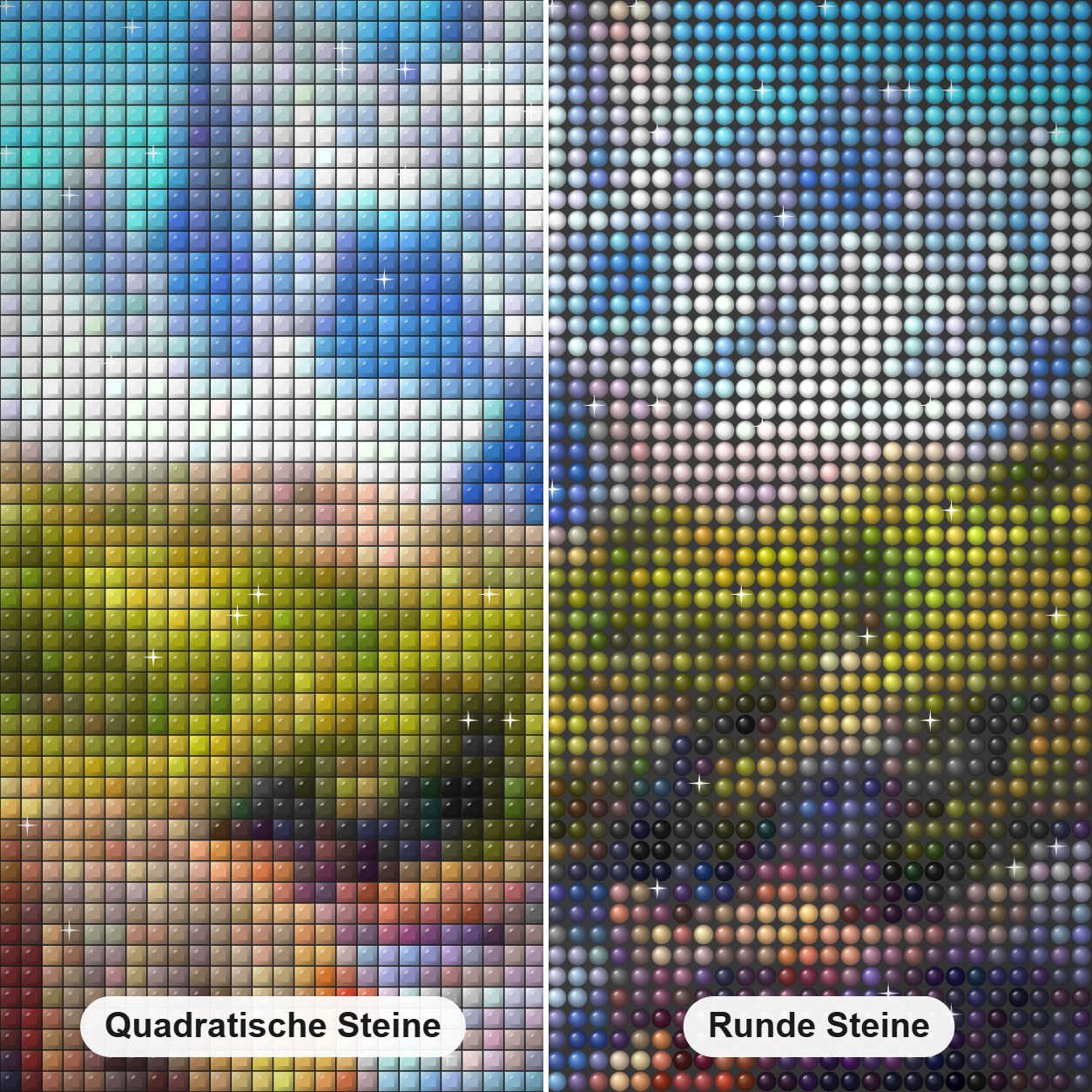 Hochgebirge Diamond Painting Nahaufnahme mit quadratischen und runden Steinen