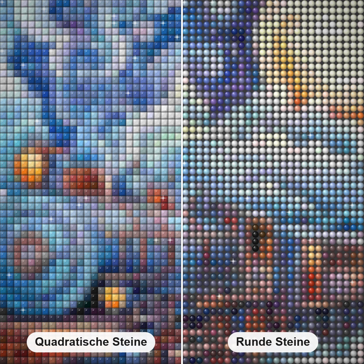 Feiertagszug Diamond Painting Nahaufnahme mit quadratischen und runden Steinen