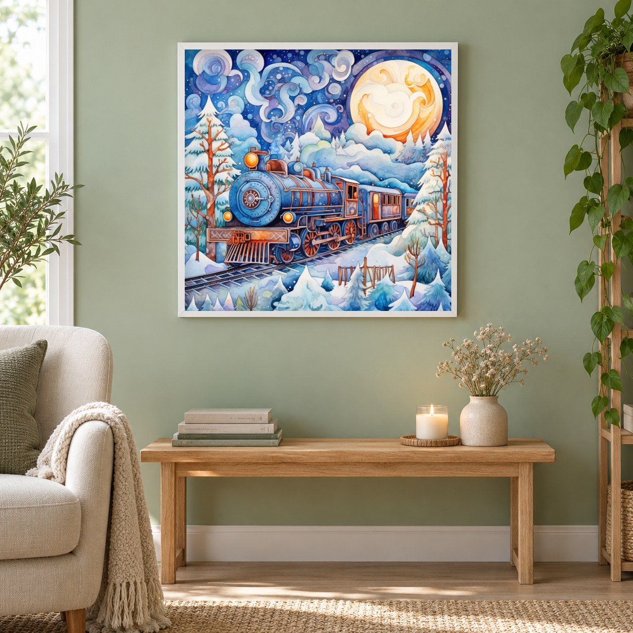 Feiertagszug als gerahmtes Diamond Painting im Wohnzimmer