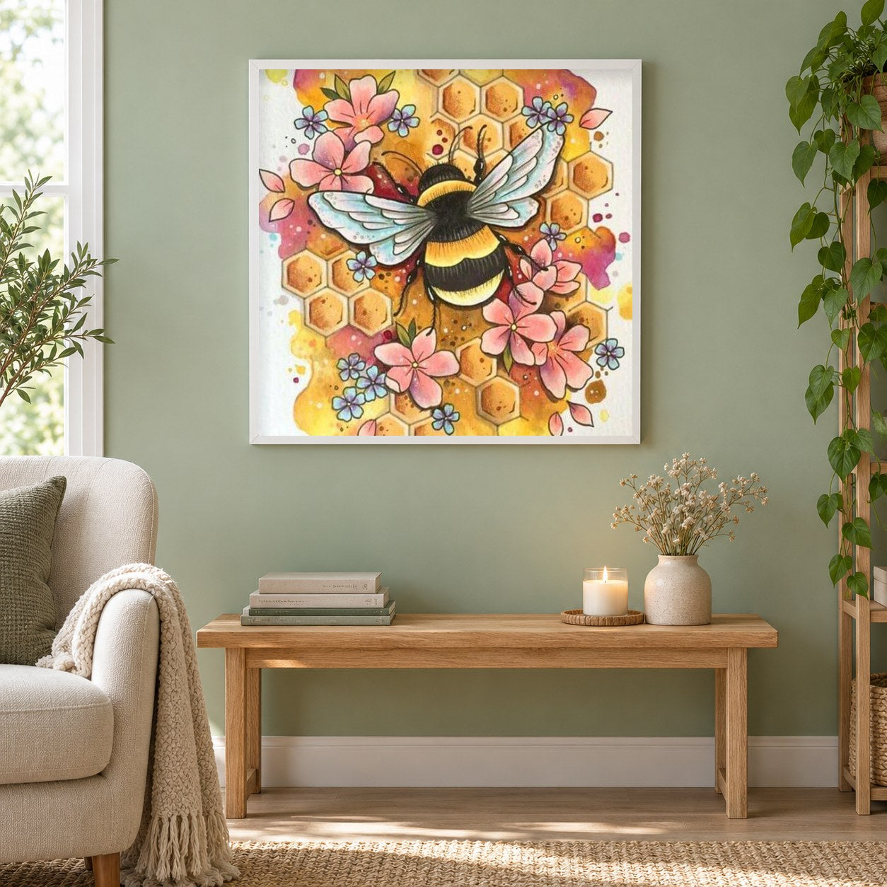Honigbiene & Blumen als gerahmtes Diamond Painting im Wohnzimmer
