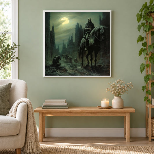 Pferdemann des Todes als gerahmtes Diamond Painting im Wohnzimmer