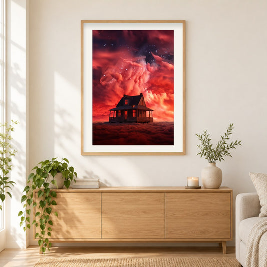 Haus auf roten Wolken als gerahmtes Diamond Painting im Wohnzimmer