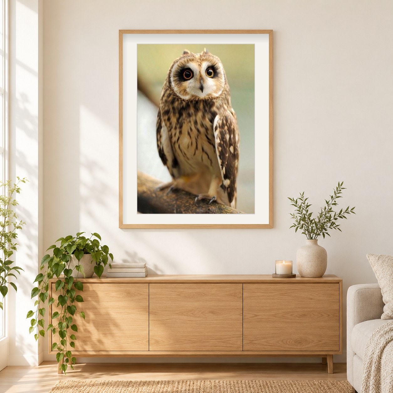 Hübsche Eule als gerahmtes Diamond Painting im Wohnzimmer