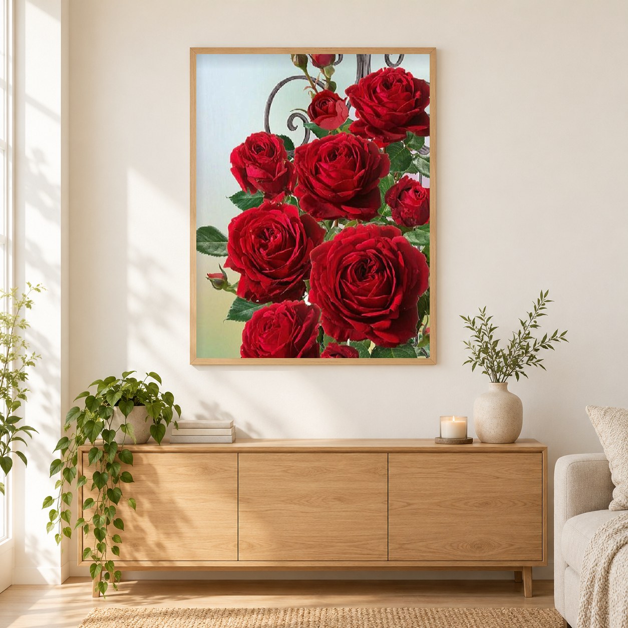 Hübsche rote Rosen als gerahmtes Diamond Painting im Wohnzimmer