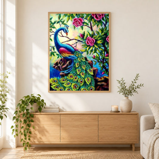 Hübscher Pfau & Rosen als gerahmtes Diamond Painting im Wohnzimmer