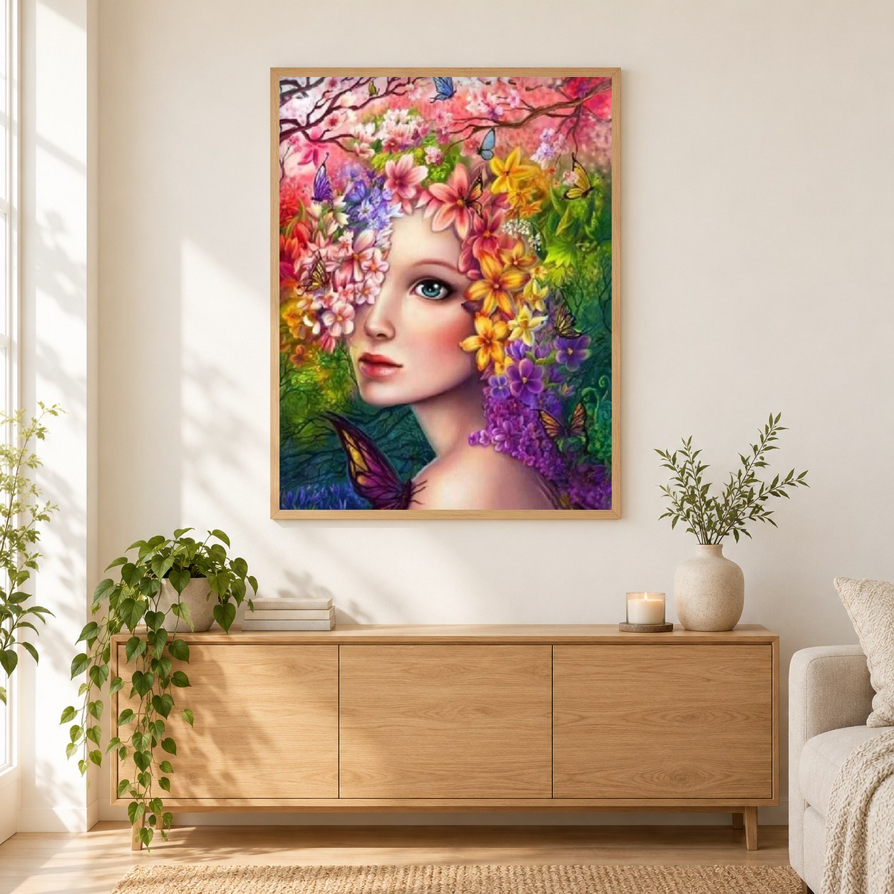 Hübsches Mädchen mit Blumen auf dem Kopf als gerahmtes Diamond Painting im Wohnzimmer