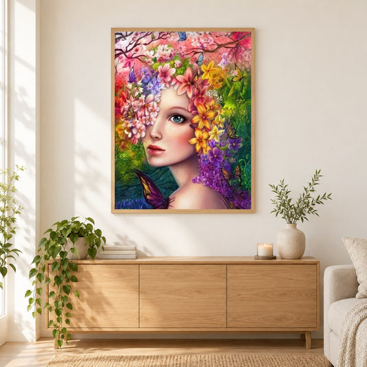 Hübsches Mädchen mit Blumen auf dem Kopf als gerahmtes Diamond Painting im Wohnzimmer