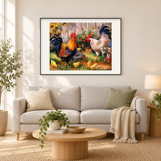 Hühner auf dem Bauernhof als gerahmtes Diamond Painting im Wohnzimmer