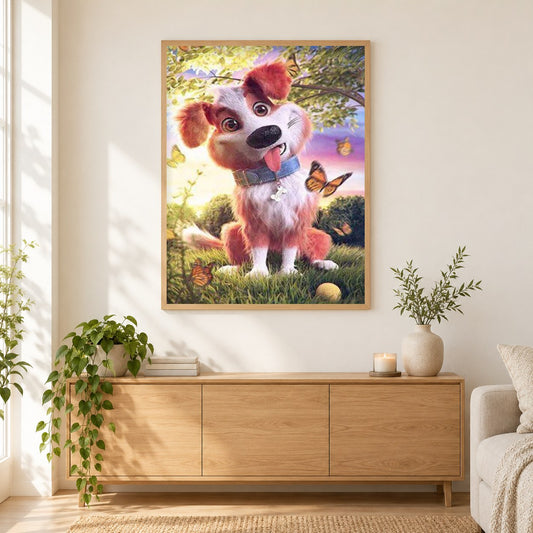 Hund, der lustiges Gesicht macht als gerahmtes Diamond Painting im Wohnzimmer
