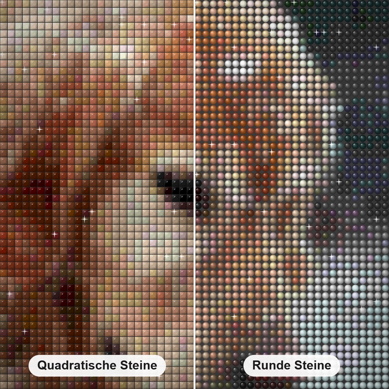 Hund im Schnee Diamond Painting Nahaufnahme mit quadratischen und runden Steinen