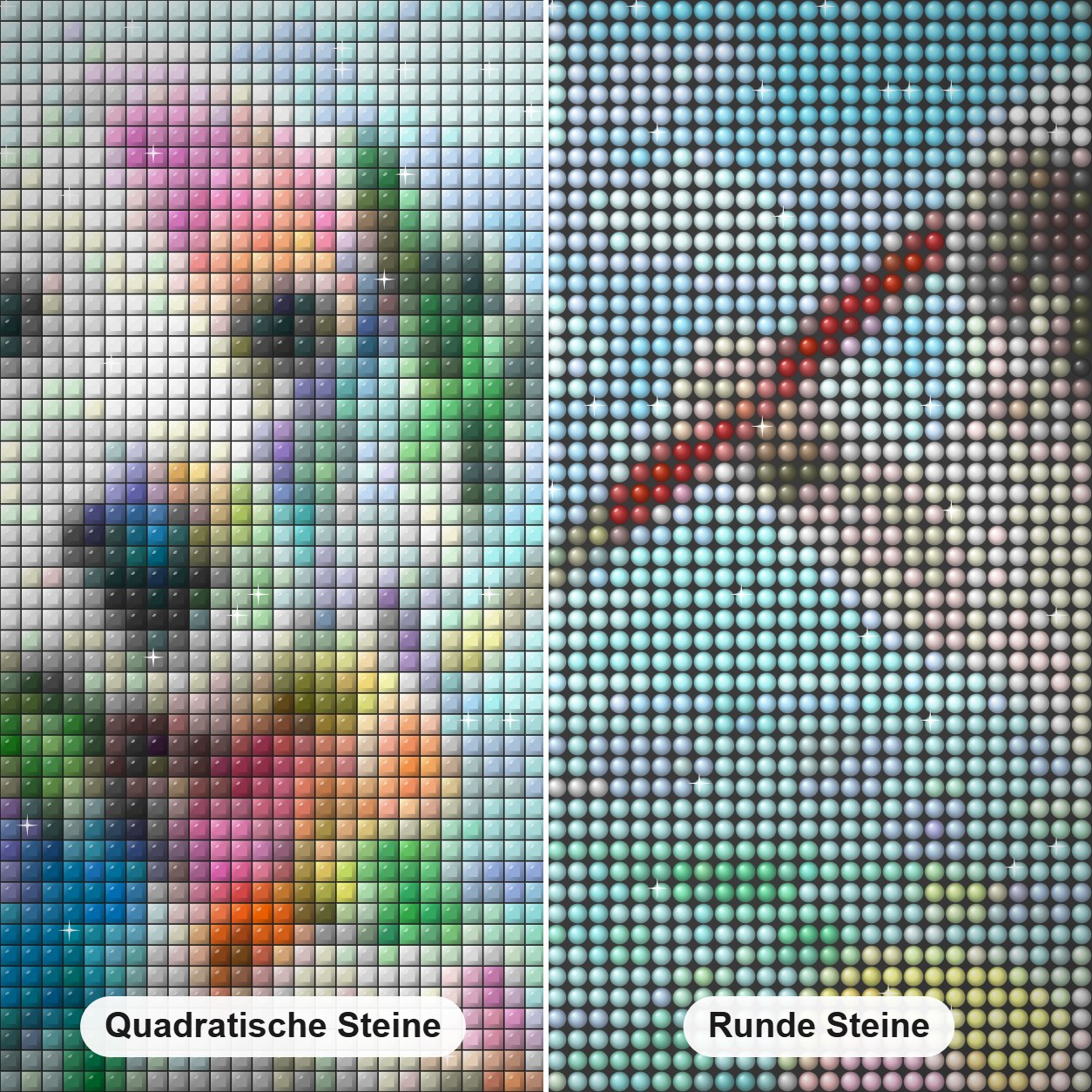 Hund & Katze feiern Ostern Diamond Painting Nahaufnahme mit quadratischen und runden Steinen