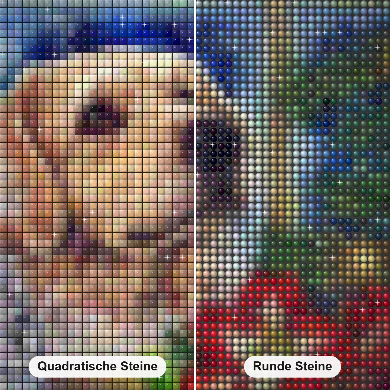 Hund, Katze und Weihnachtsbaum Diamond Painting Nahaufnahme mit quadratischen und runden Steinen