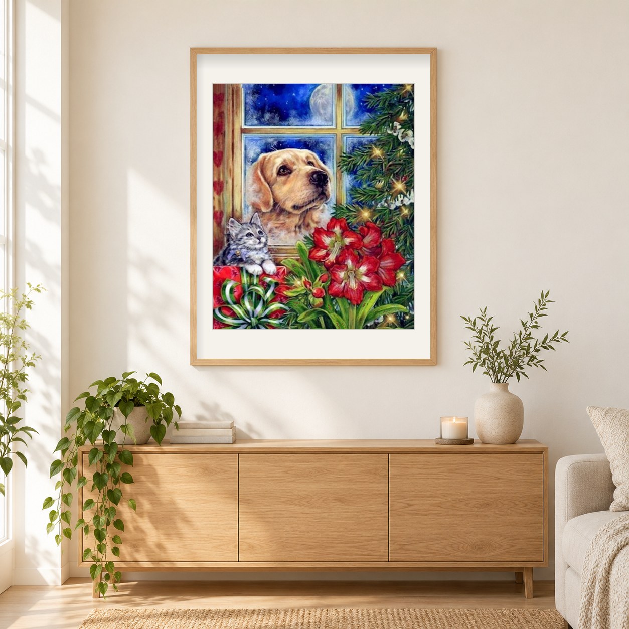 Hund, Katze und Weihnachtsbaum als gerahmtes Diamond Painting im Wohnzimmer