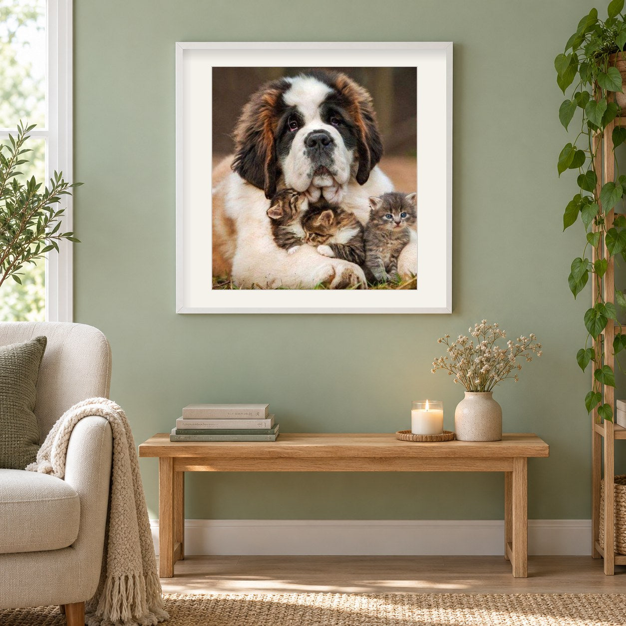 Hund mit drei Kätzchen als gerahmtes Diamond Painting im Wohnzimmer