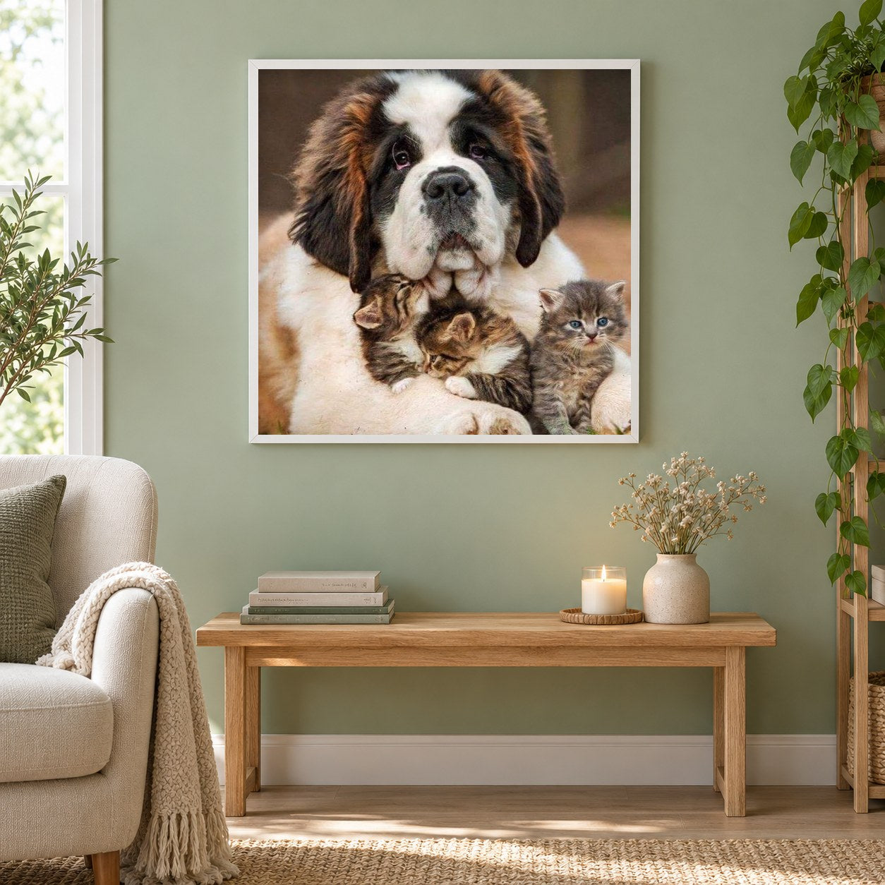 Hund mit drei Katzen als gerahmtes Diamond Painting im Wohnzimmer