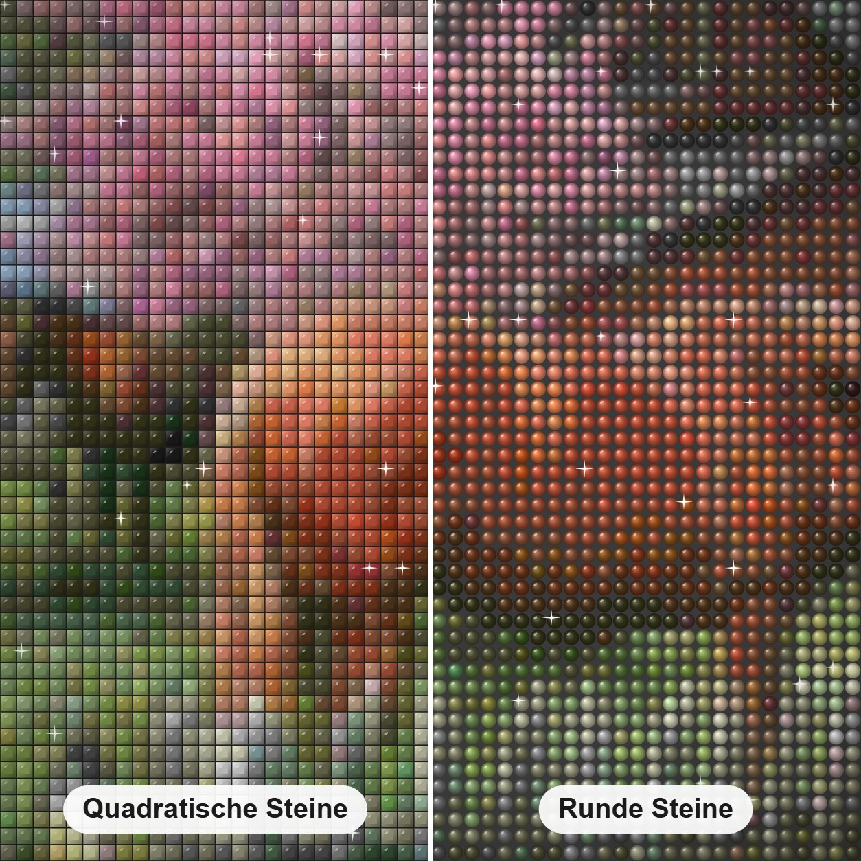 Hund & Pferde auf dem Bauernhof Diamond Painting Nahaufnahme mit quadratischen und runden Steinen