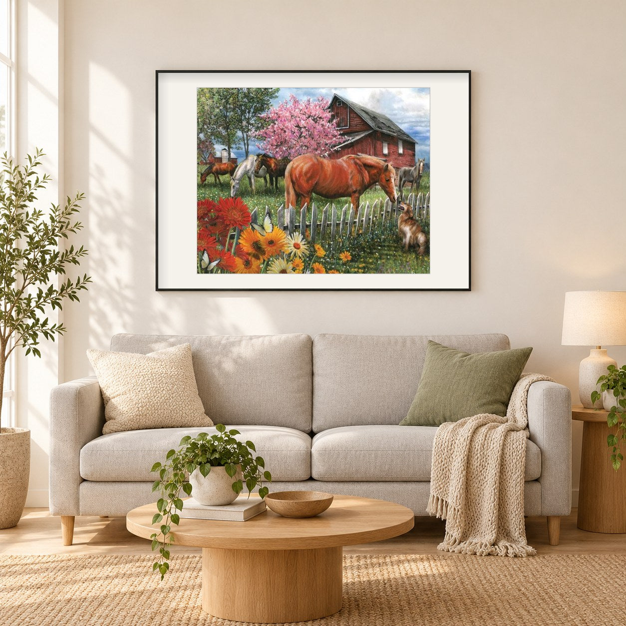Hund & Pferde auf dem Bauernhof als gerahmtes Diamond Painting im Wohnzimmer