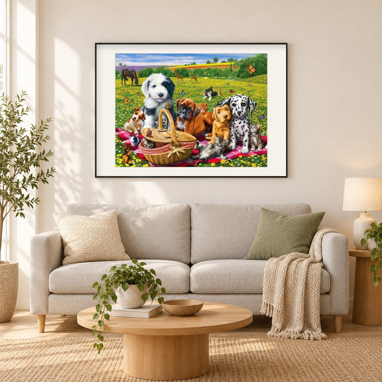 Hunde & Katzen beim Picknick. als gerahmtes Diamond Painting im Wohnzimmer