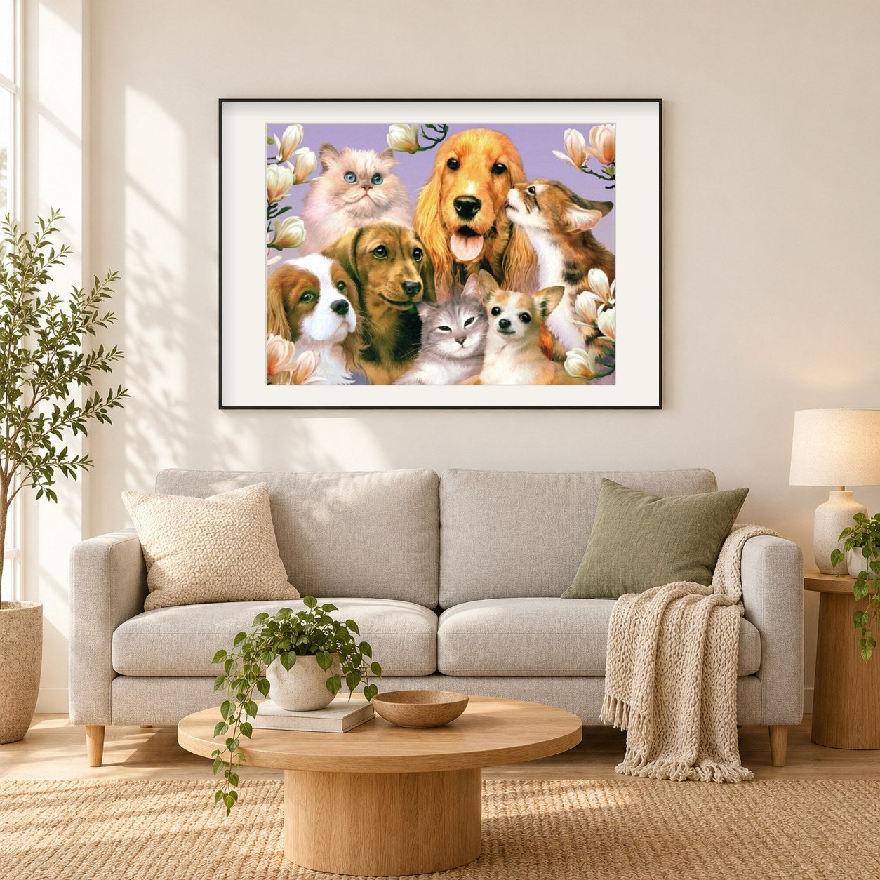 Hunde & Katzen sind Freunde als gerahmtes Diamond Painting im Wohnzimmer