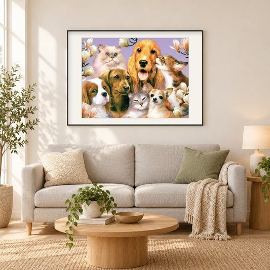 Hunde & Katzen sind Freunde als gerahmtes Diamond Painting im Wohnzimmer