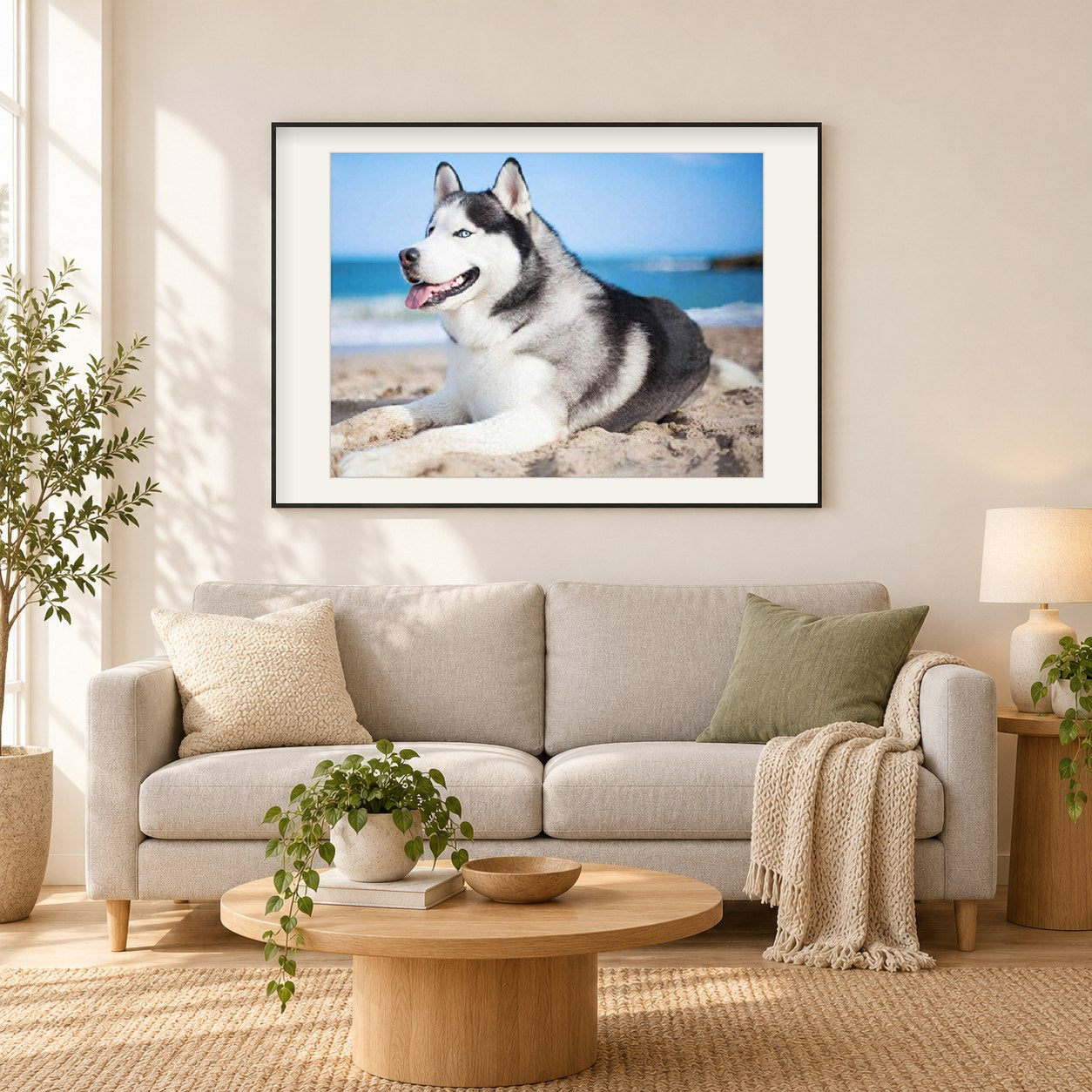 Husky am Strand als gerahmtes Diamond Painting im Wohnzimmer