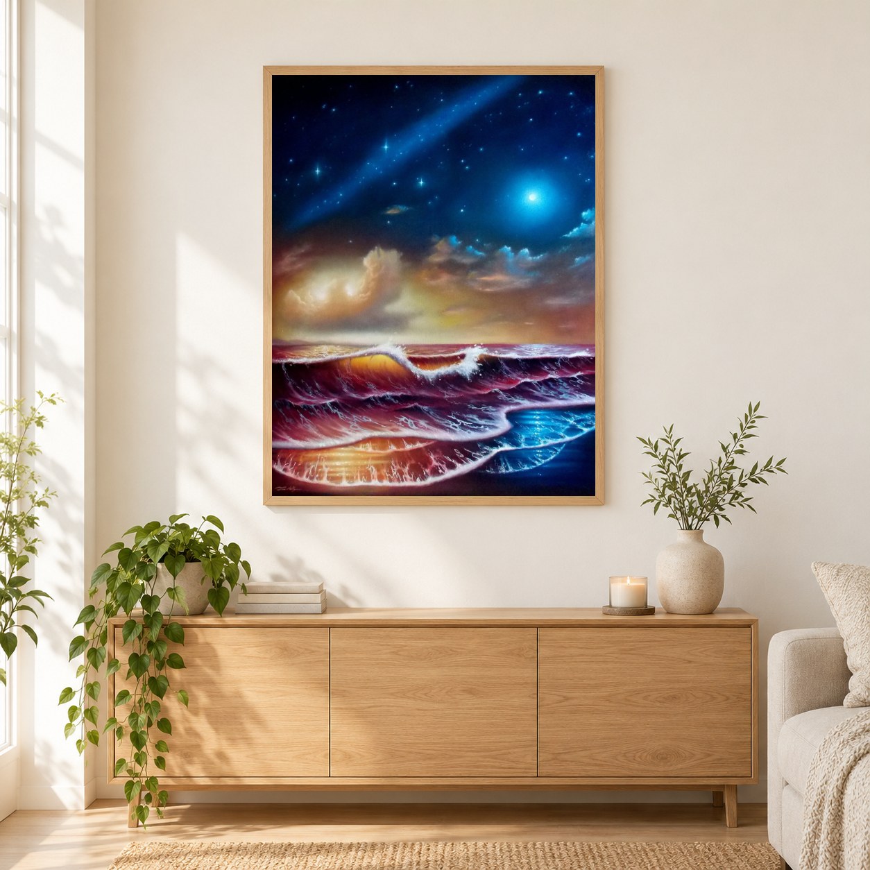 Hyperions Kinder - Kunst des Liam Kelly als gerahmtes Diamond Painting im Wohnzimmer