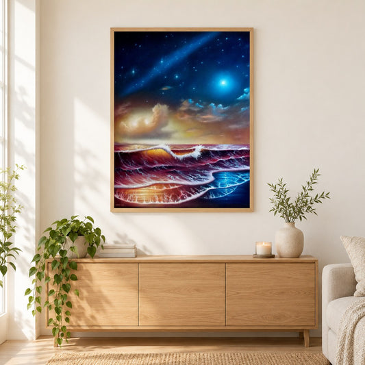 Hyperions Kinder - Kunst des Liam Kelly als gerahmtes Diamond Painting im Wohnzimmer