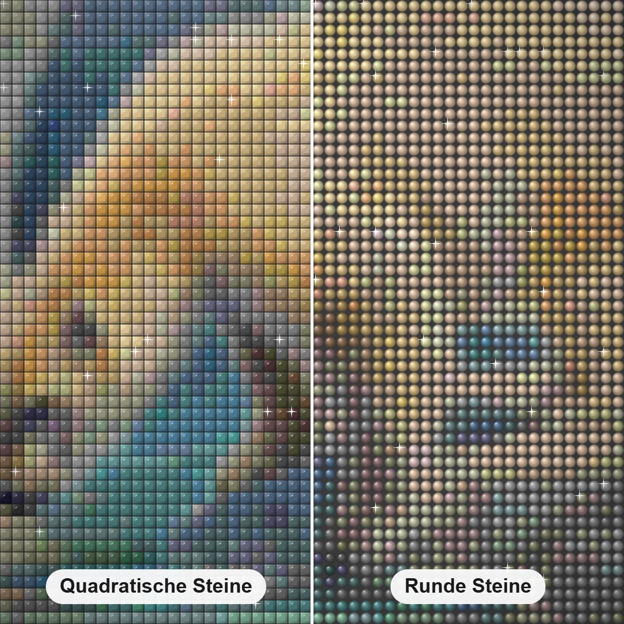Eisige Betrachtung - Kunst des Linda Wilder Diamond Painting Nahaufnahme mit quadratischen und runden Steinen