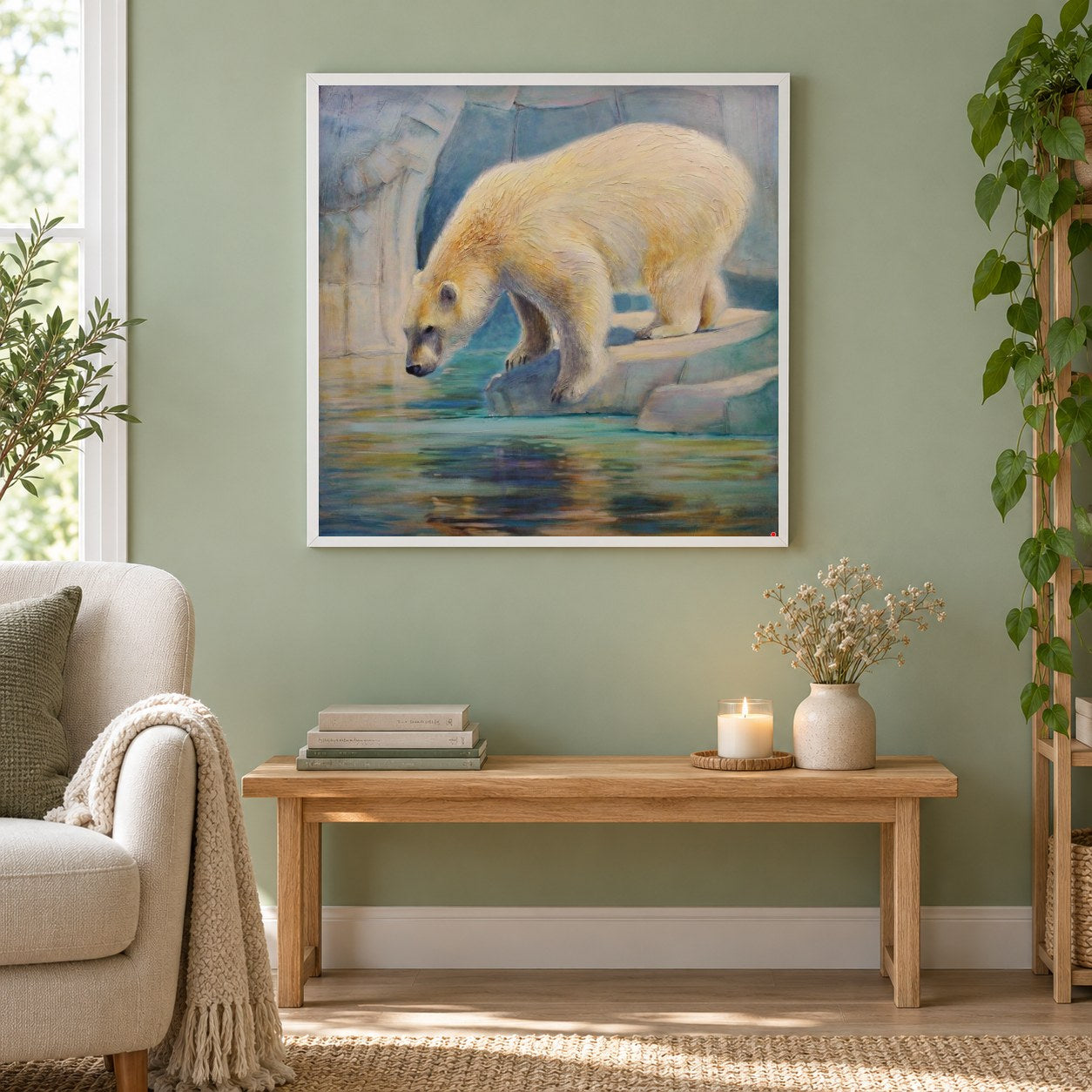 Eisige Betrachtung - Kunst des Linda Wilder als gerahmtes Diamond Painting im Wohnzimmer