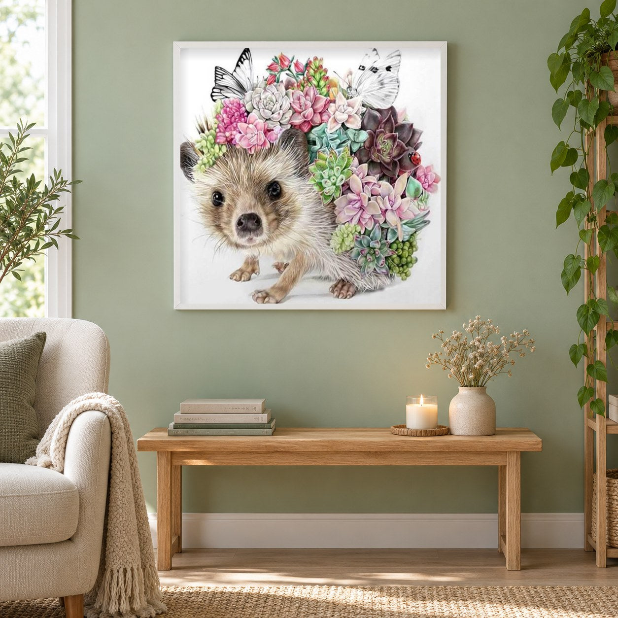 Igel Blumenkunst als gerahmtes Diamond Painting im Wohnzimmer