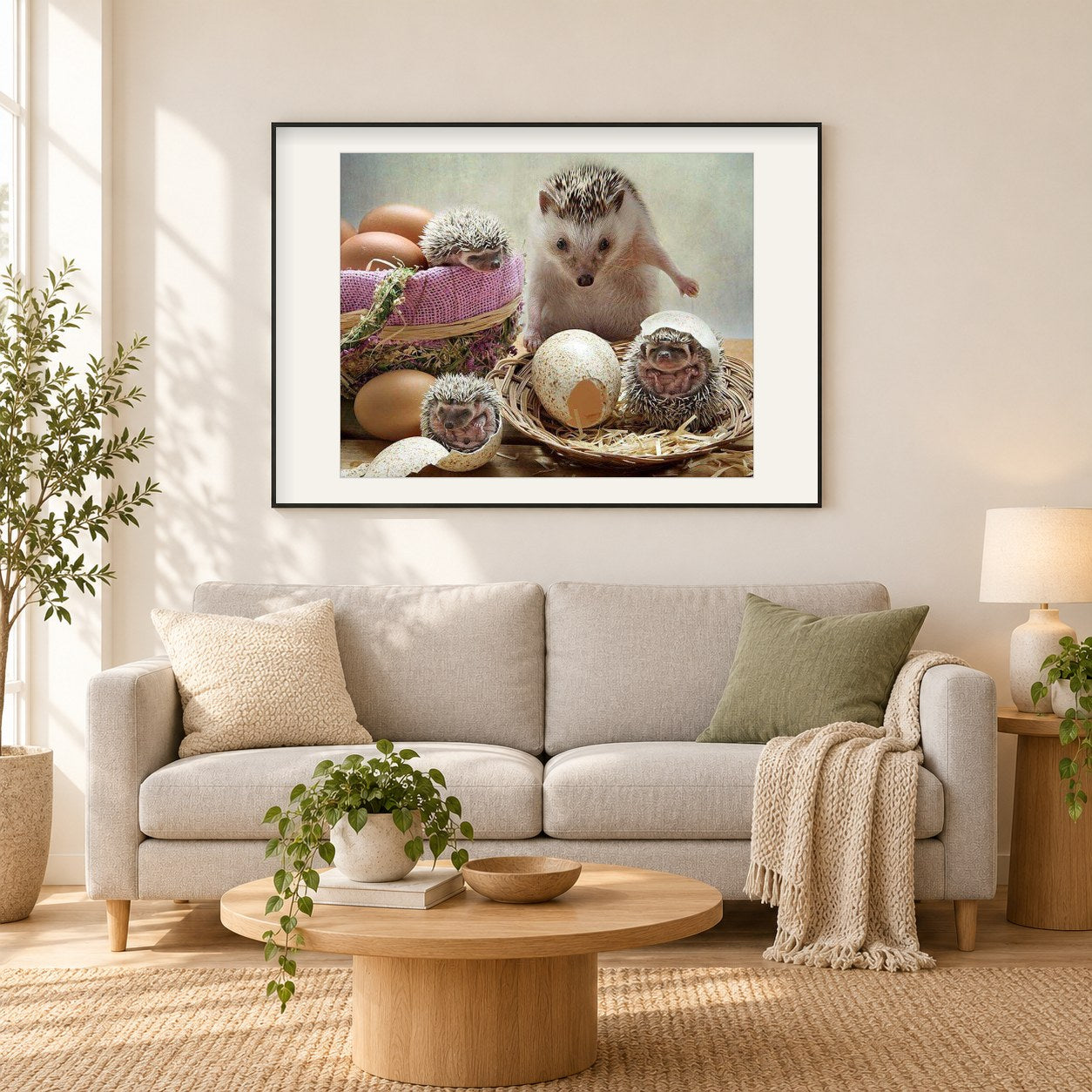 Igel Eier schlüpfen als gerahmtes Diamond Painting im Wohnzimmer