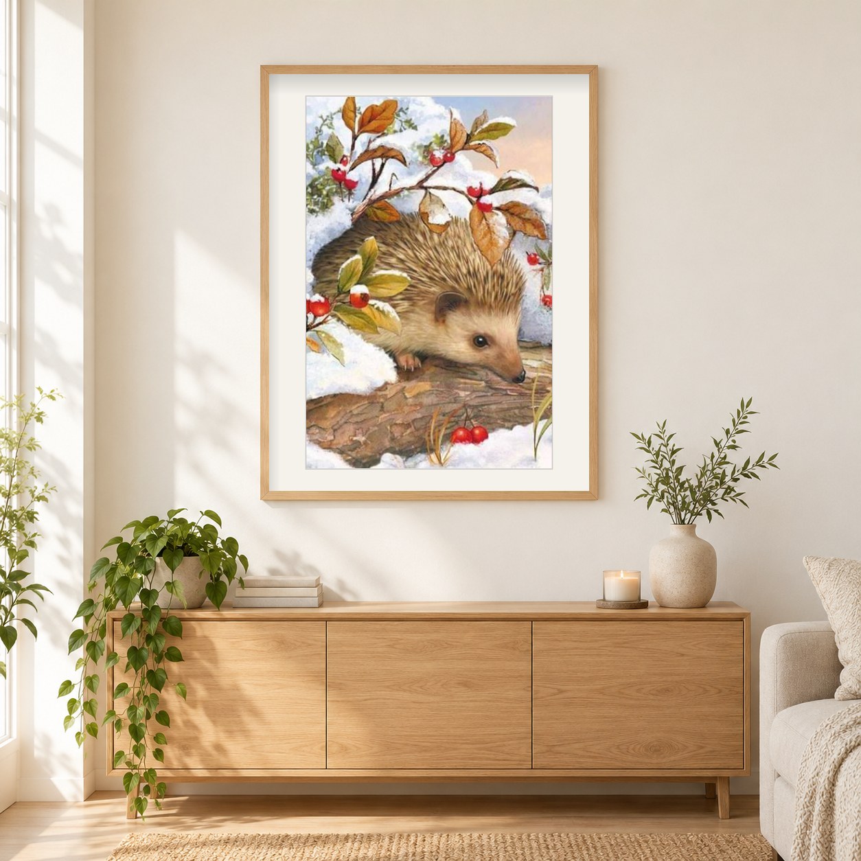 Igel im Schnee als gerahmtes Diamond Painting im Wohnzimmer