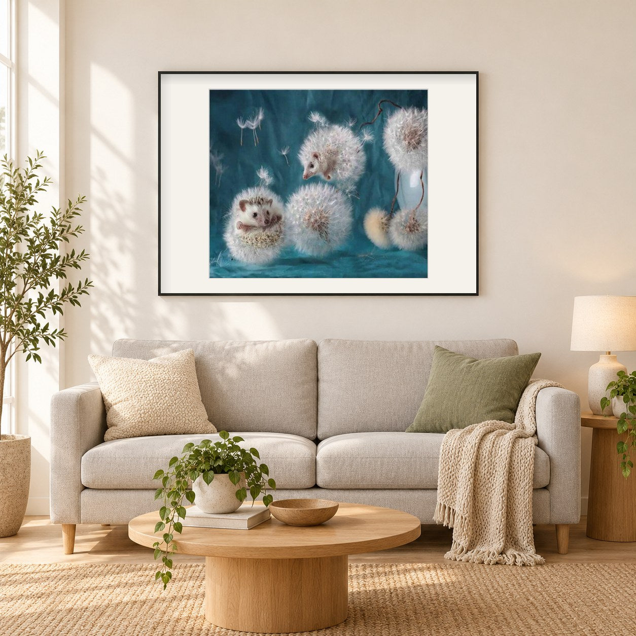 Igel Löwenzahn Daimond painting als gerahmtes Diamond Painting im Wohnzimmer