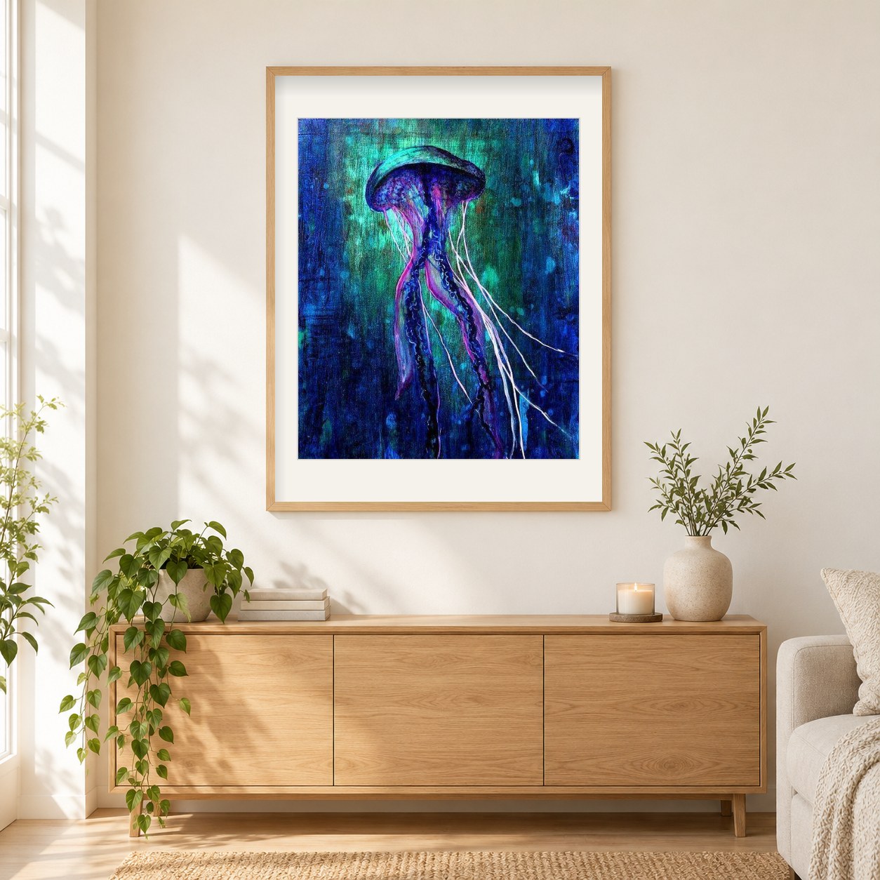 Im Dunkeln leuchtende Quallen als gerahmtes Diamond Painting im Wohnzimmer